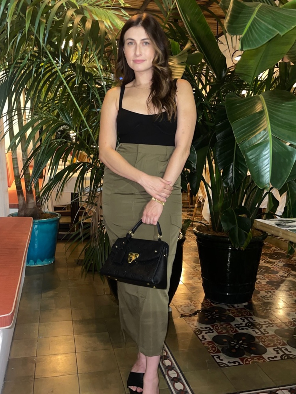 emory park Olive High-Waist Midi Pencil Skirt with Side Slit